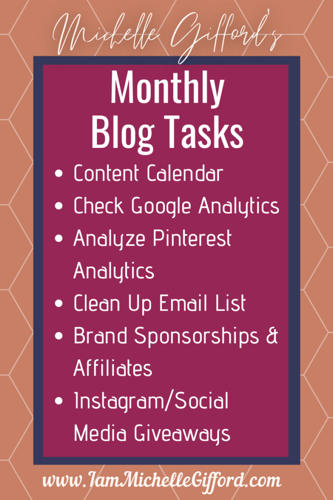 Michelle Gifford's Monthly Blog tasks for creating a killer blog schedule. www.IamMichelleGifford.com