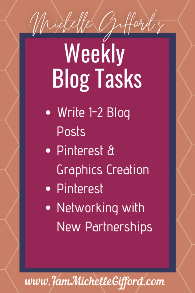 Michelle Gifford's Weekly Blog Tasks for a killer blog schedule. www.iamMichelleGifford.com