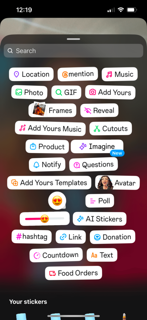 screenshot of the stickers feature when editing an Instagram Reel.