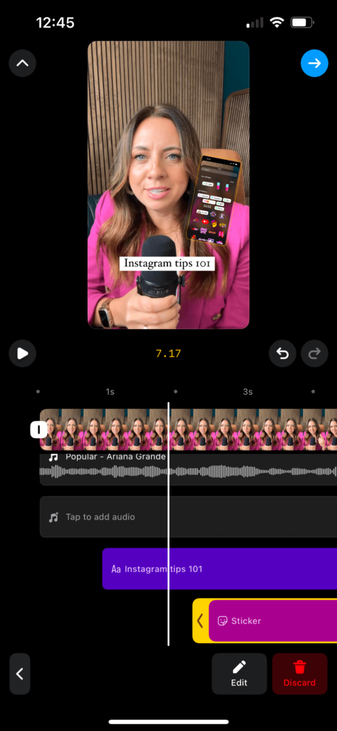 screenshot of editing one of the four layers of a reel on Michelle Gifford's Instagram.