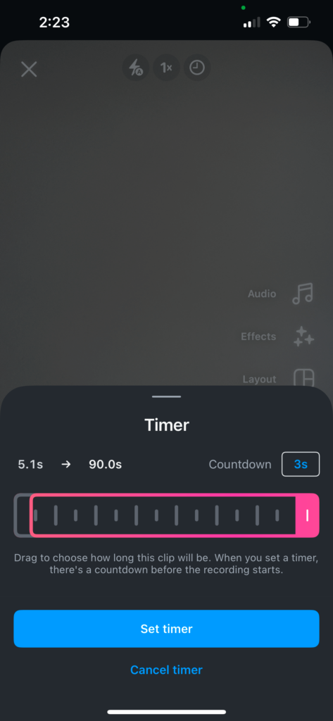 screenshot of the timer feature on an Instagram Reel.